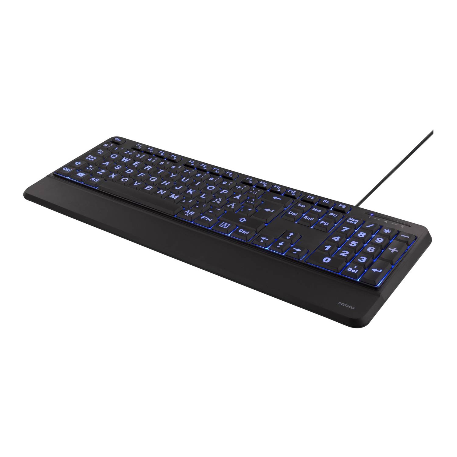 DELTACO Fullstort tangentbord med extra stora tecken, blå LED, USB, sv